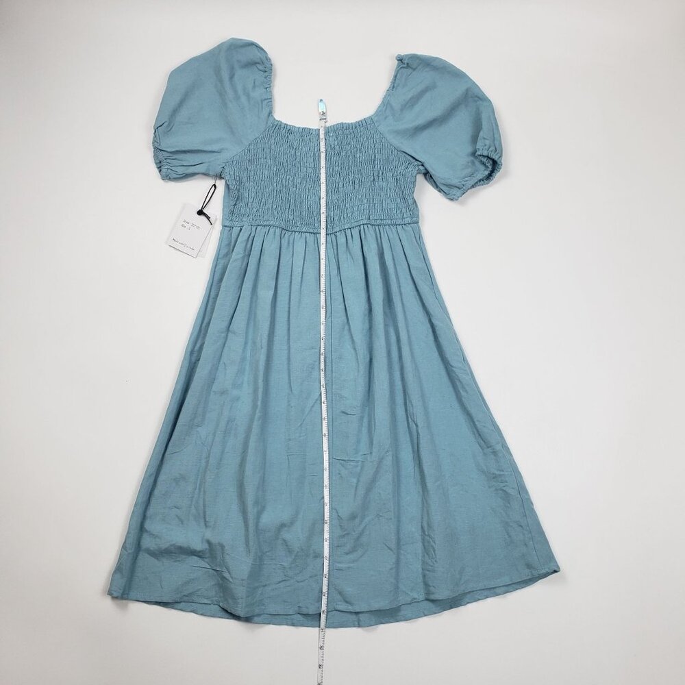 Japna Linen Blend Midi Dress Womens Small Blue Puff Sleeve Milkmaid Babydoll NWT - Picture 8 of 16
